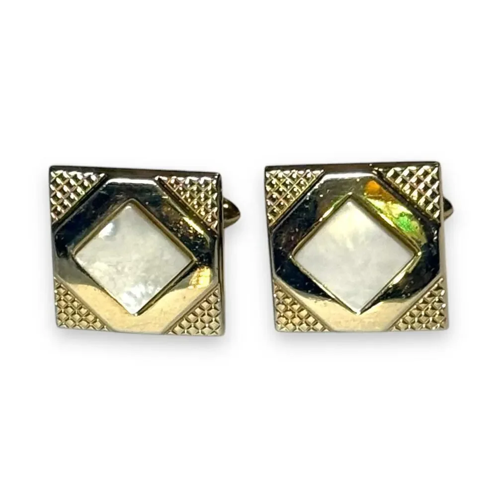 Vintage Swank Cufflinks Mens Gold Tone Mother of Pearl Geometric MCM Deco Bullet